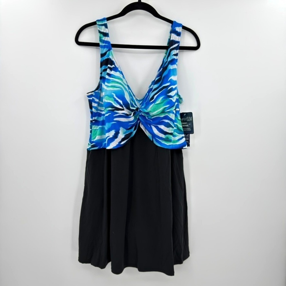 Simply Slim Women 2X Blue Green Abstract Zebra Tummy Control Swimdress NWT